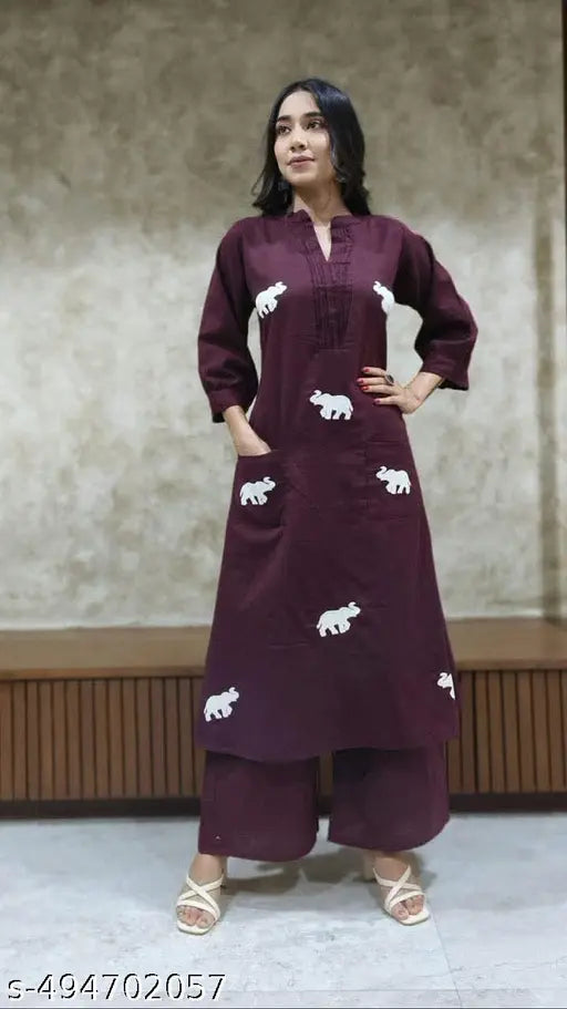 Chic Maroon Kurta Set with Quirky White Elephant Motifs – Effortless Style Meets Comfort