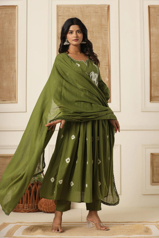 Green Embroidered Cotton Suit Set with Dupatta