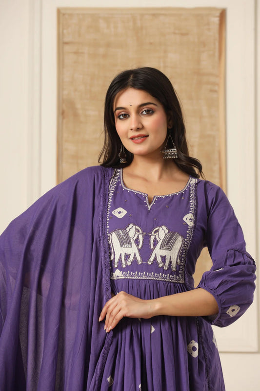 Mustard Embroidered Cotton Suit Set with Dupatta