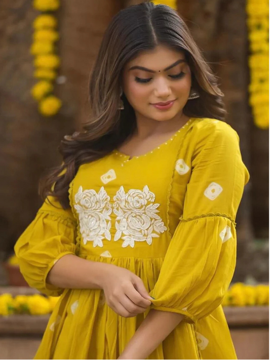 Mustard Yellow Embroidered Cotton Anarkali Kurta and Pant Set