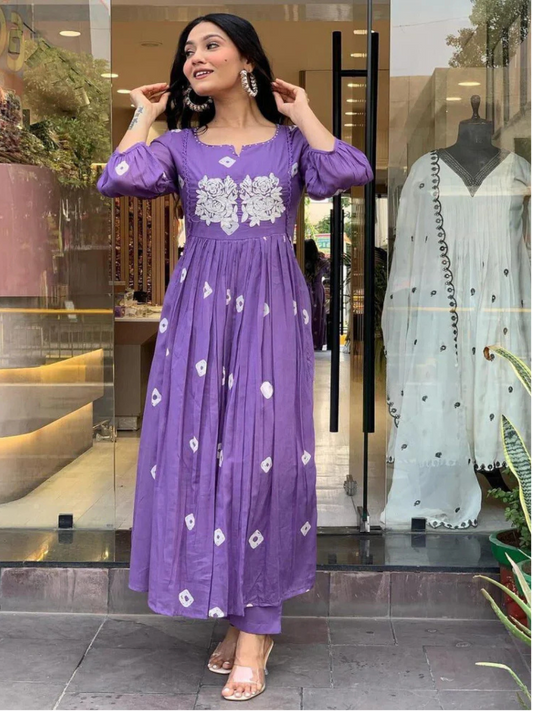 Purple Embroidered Cotton Anarkali Kurta and Pant Set