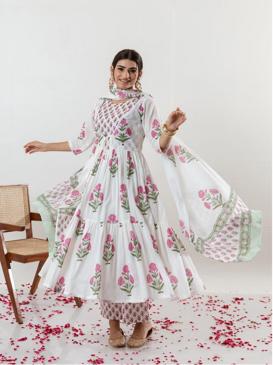 White Floral Printed Cotton Suit Set