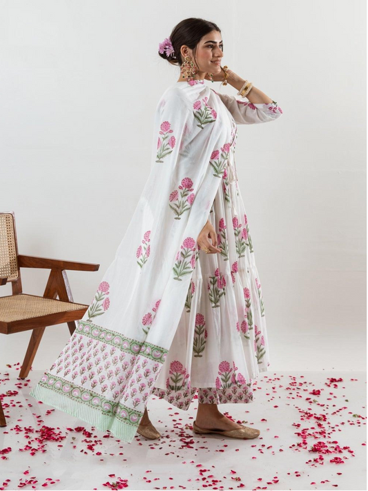 White Floral Printed Cotton Suit Set