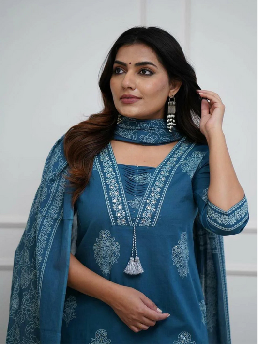 Dusk Blue Cotton Kurta And Pant Set With Mulmul Dupatta
