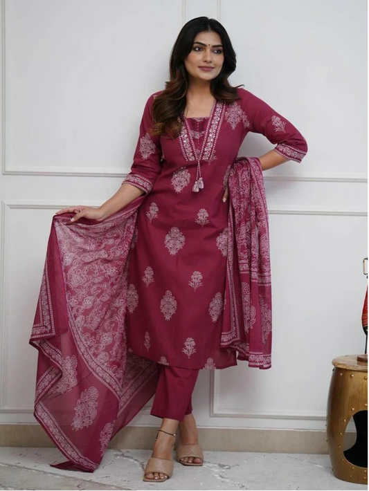 Maroon Cotton Kurta And Pant Set With Mulmul Dupatta