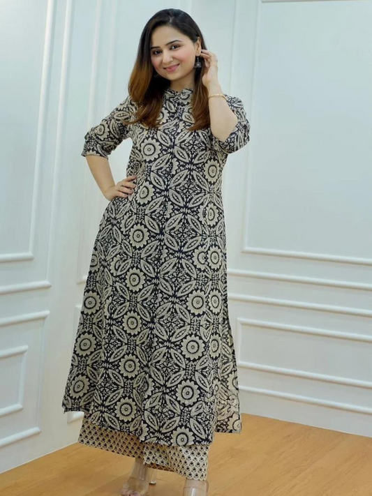 Ethnic Motifs Printed Black Grey Co Ord Set