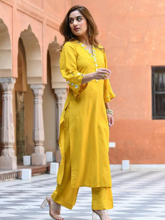 Mirror Work Yellow Cotton Kurta Palazzo Set