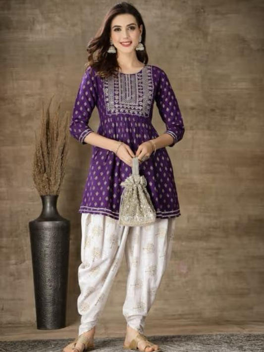 Purple Sequence Embroidered Short Kurta with Dhoti Pants