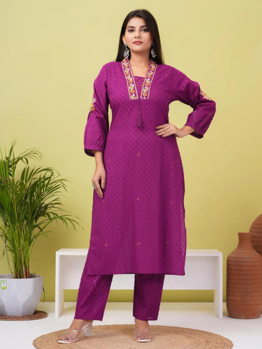 Dark Raspberry Embroidered Boota Cotton Kurta And Pant Set
