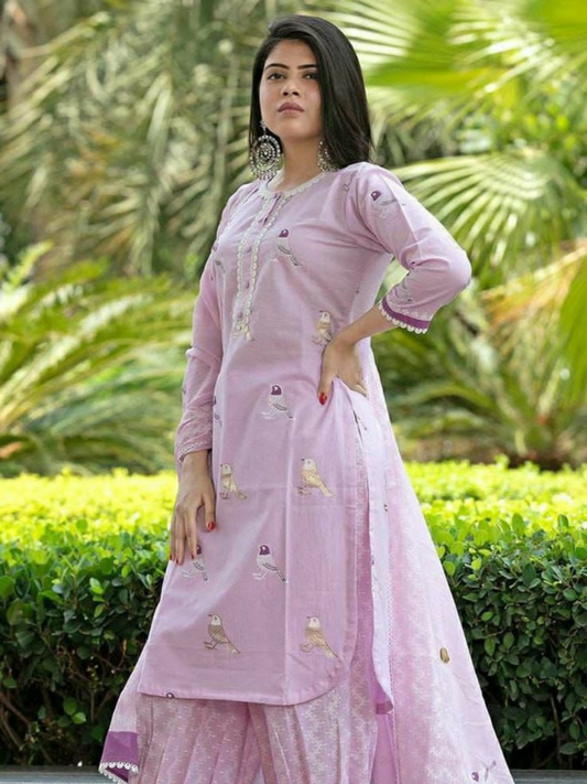 Bird Printed Kurta and Pant Set with Dupatta