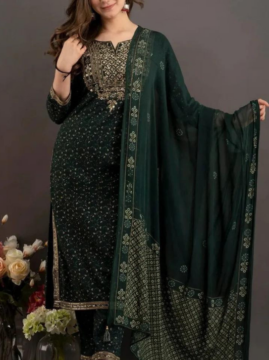 Sequence Embroidered Dark Green Kurta and Pant Set with Dupatta