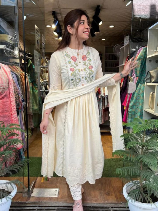 Embroidered Cotton Schiffli Kurta and Pant Set with Dupatta
