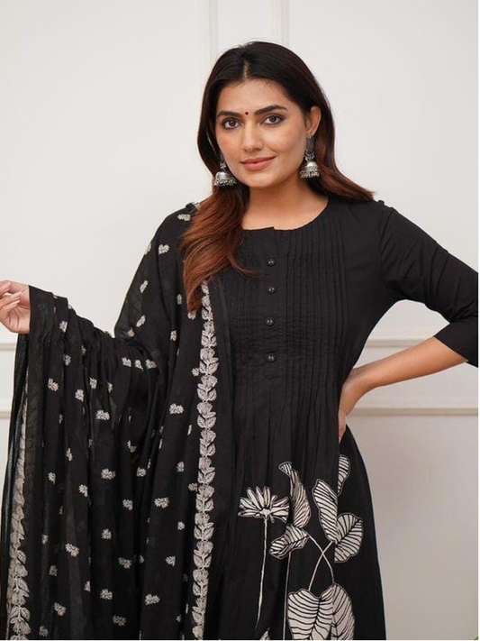 Black Printed Rayon Suit Set