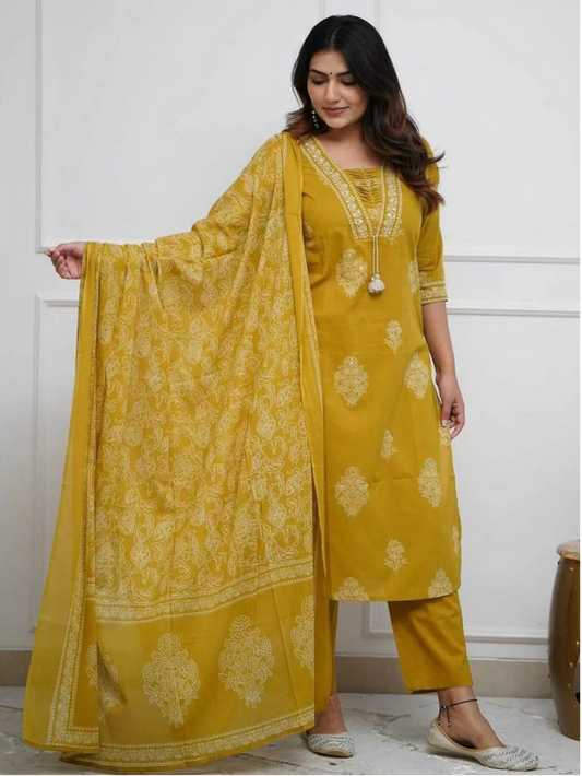 Dark Mustard Cotton Kurta And Pant Set With Mulmul Dupatta