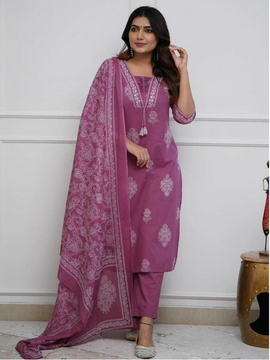 Light Plum Cotton Kurta and Pant Set with Mulmul Dupatta