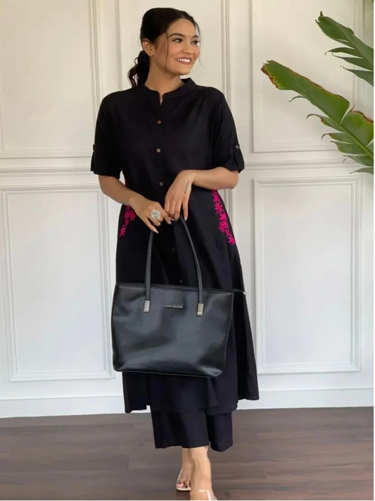 Black Embroidered Cotton Kurta and Palazzo Set