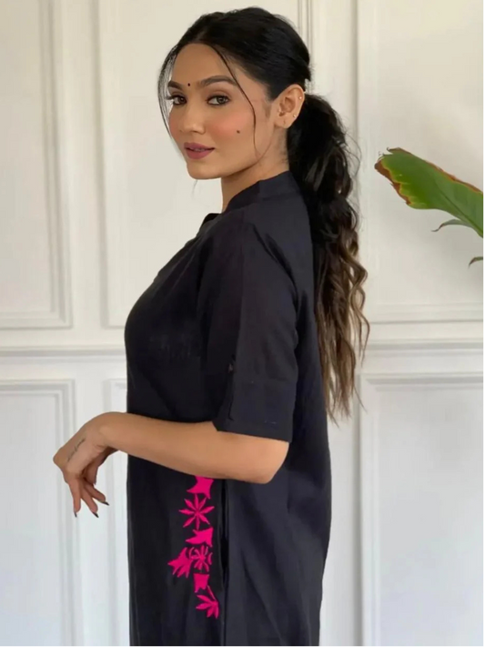 Black Embroidered Cotton Kurta and Palazzo Set