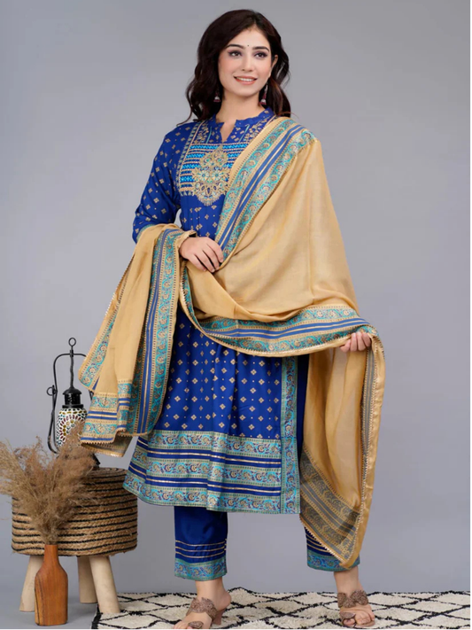 Blue Handwork Embroidered Kurta And Pant Set With Dupatta