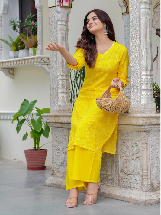 Yellow Katha Cotton Kurta and Cotton Palazzo Set