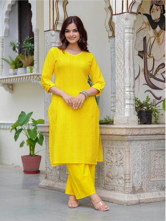 Yellow Katha Cotton Kurta and Cotton Palazzo Set