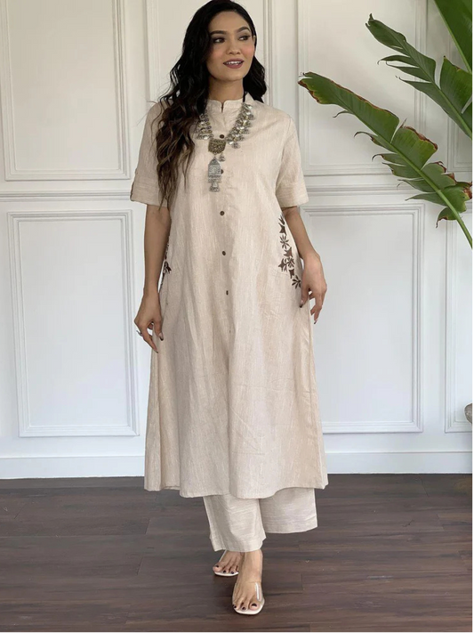 Foggy Grey Embroidered Cotton Kurta and Palazzo Set