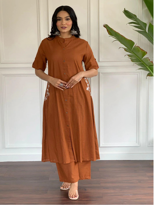Brown Rust Embroidered Cotton Kurta and Palazzo Set