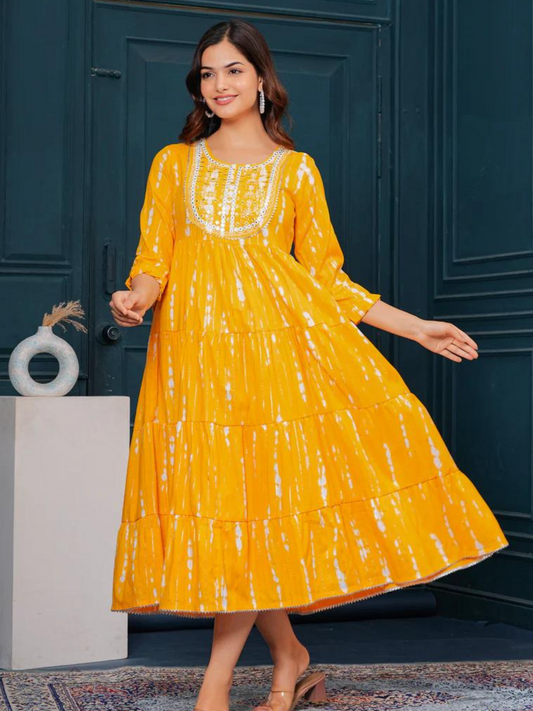 Chrome Yellow Embroidered Cotton Lurex Anarkali Gown