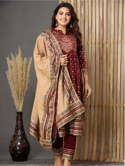 Maroon Handwork Embroidered Kurta And Pant Set With Dupatta