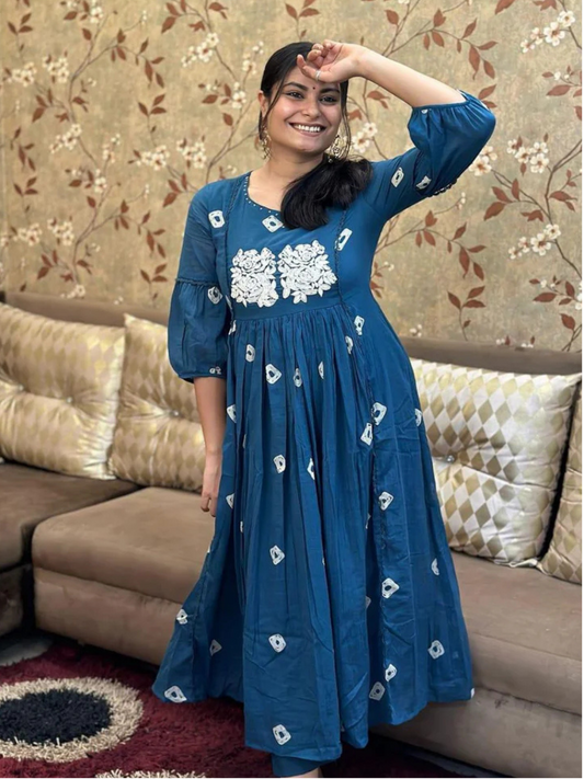 Dull Blue Embroidered Cotton Anarkali Kurta and Pant Set