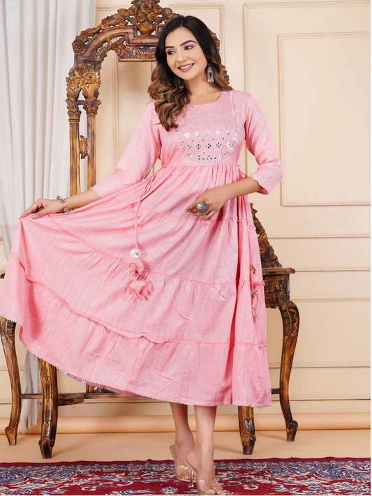 Stylish Embroidered Cotton Lurex Anarkali Gown
