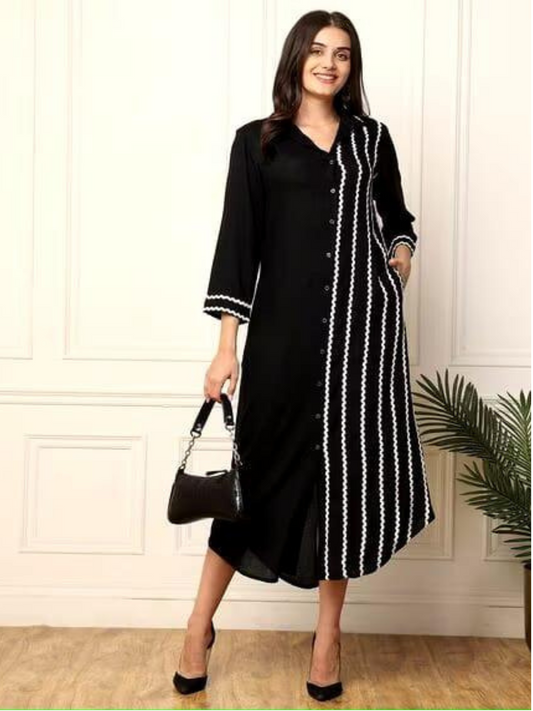 Black Embroidered Rayon A-line Midi Dress