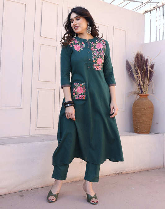 Rich teal green hue with vibrant floral embroidery...💚💃