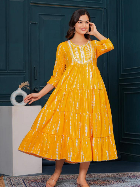 Chrome Yellow Embroidered Cotton Lurex Anarkali Gown