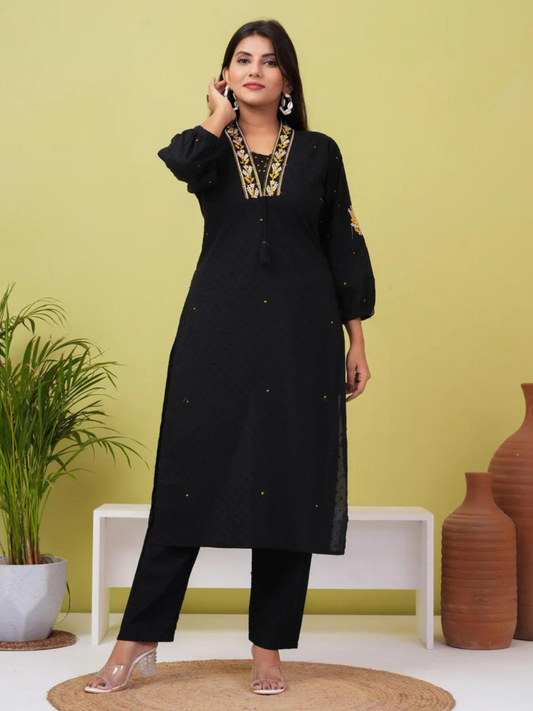 Black Embroidered Boota Cotton Kurta and Pant Set
