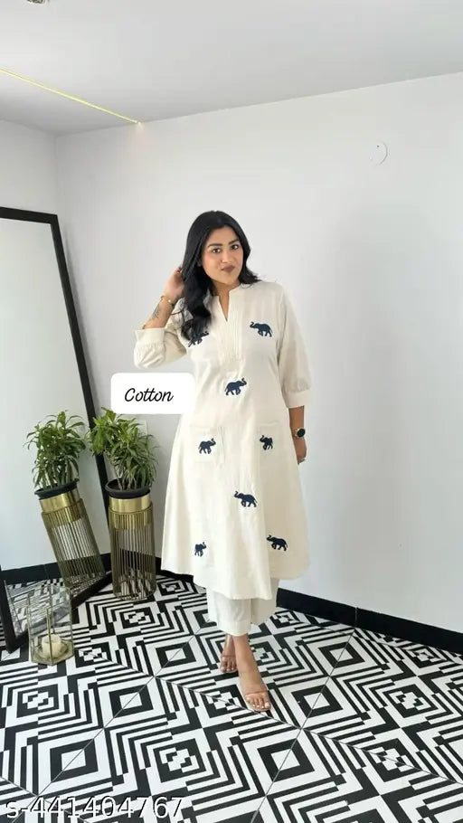 Elegant Off-White Cotton Kurta Set with Black Elephant Motifs – Classic Charm by Pushpanjali