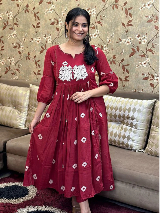 Maroon Embroidered Cotton Anarkali Kurta and Pant Set