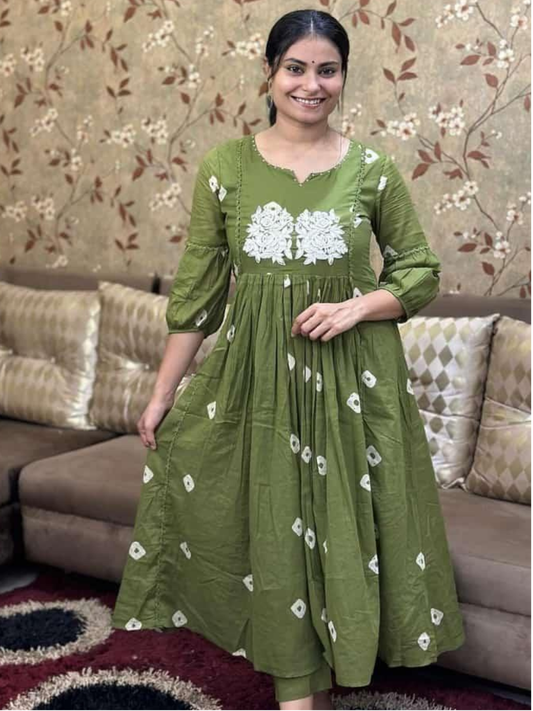 Green Embroidered Cotton Anarkali Kurta and Pant Set
