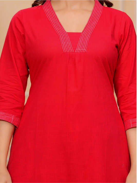 Red Cotton Slub Kurta and Pant Set
