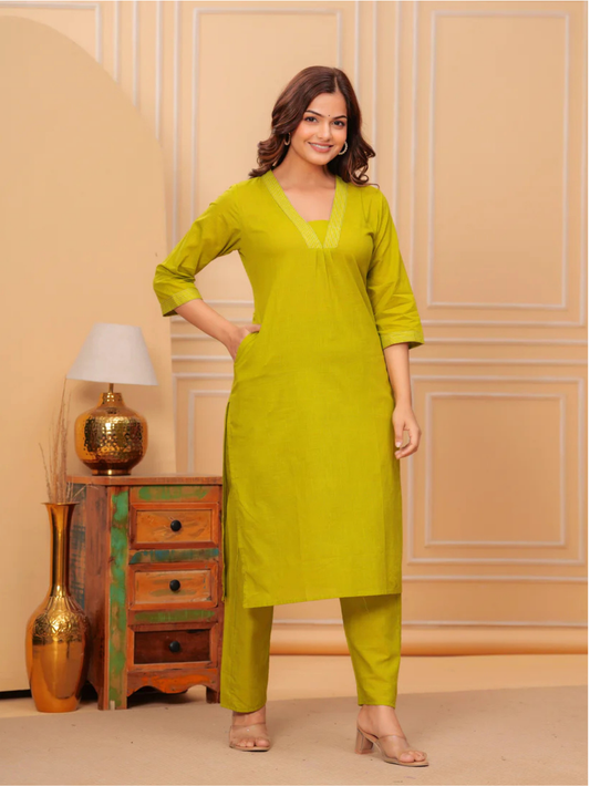 Mustard Yellow Cotton Slub Kurta and Pant Set