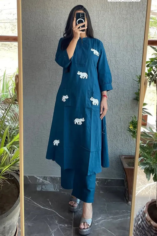 Stylish Blue Cotton Kurta Set with Playful Elephant Prints – Comfort Meets Creativity