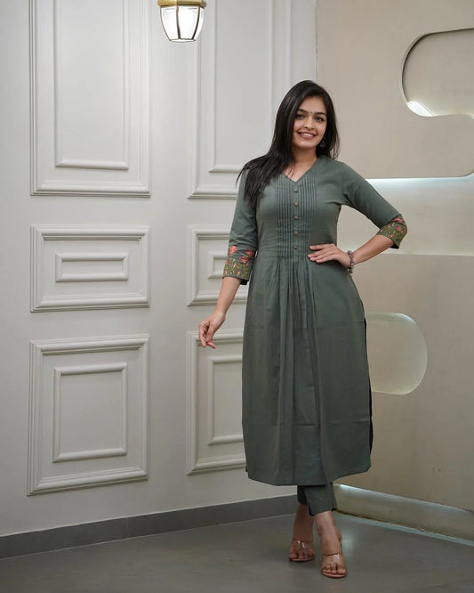 Olive Bloom  Green Cotton Embroidery Kurta Set