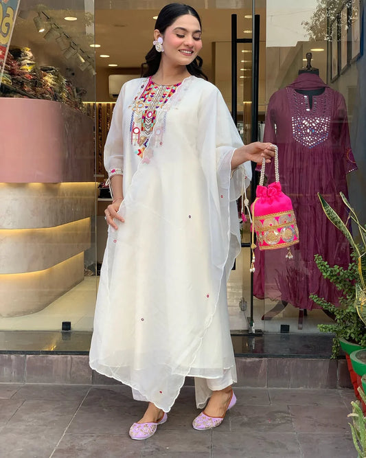 White Embroidered Chanderi Suit Set with Dupatta