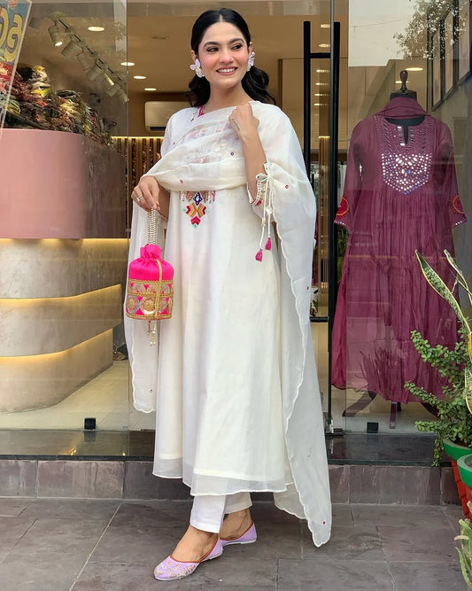 White Embroidered Chanderi Suit Set with Dupatta