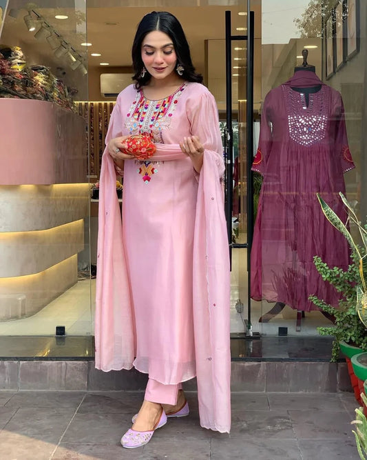 Light Pink Embroidered Chanderi Suit Set with Dupatta