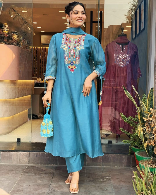 Sky Blue Embroidered Chanderi Suit Set with Dupatta