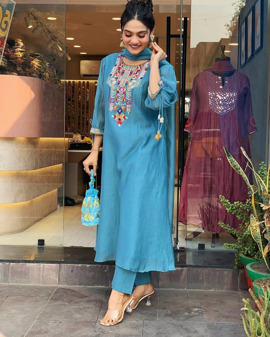 Sky Blue Embroidered Chanderi Suit Set with Dupatta