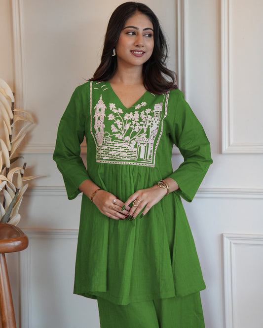 Reddish Green Embroidered Cotton Slub Kurta and Pant Set