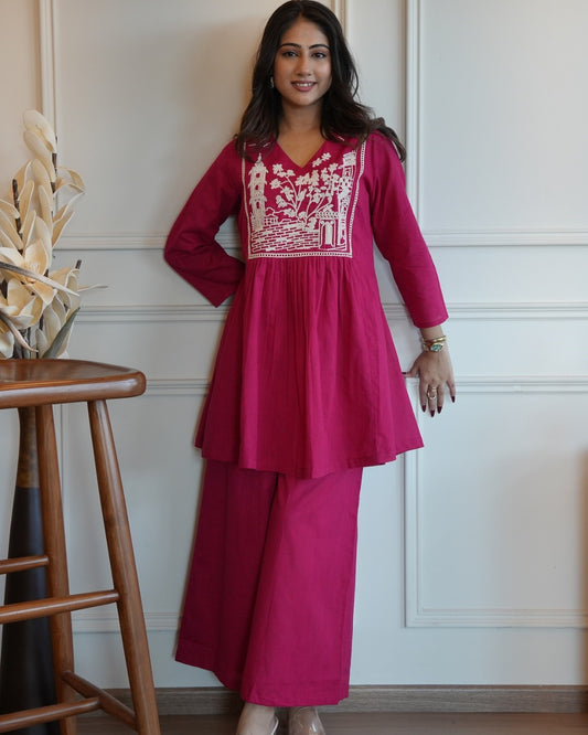 pink Orange Embroidered Cotton Slub Kurta and Pant Set