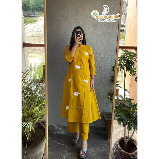 Mustard Yellow Cotton Kurta Set with White Elephant Motifs – Ethnic Elegance by Pushpanjali"