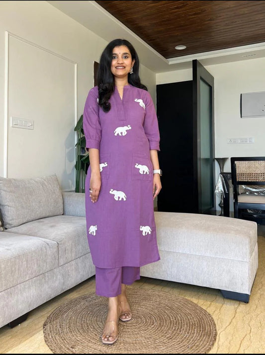 "Lavender Cotton Kurta Set with White Elephant Motifs – Subtle Sophistication by Pushpanjali"